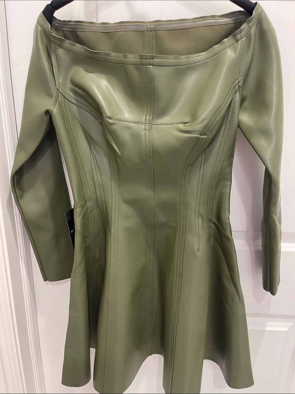 Norma Kamali Olive Green Faux Leather Fit-and-Flare Jacket